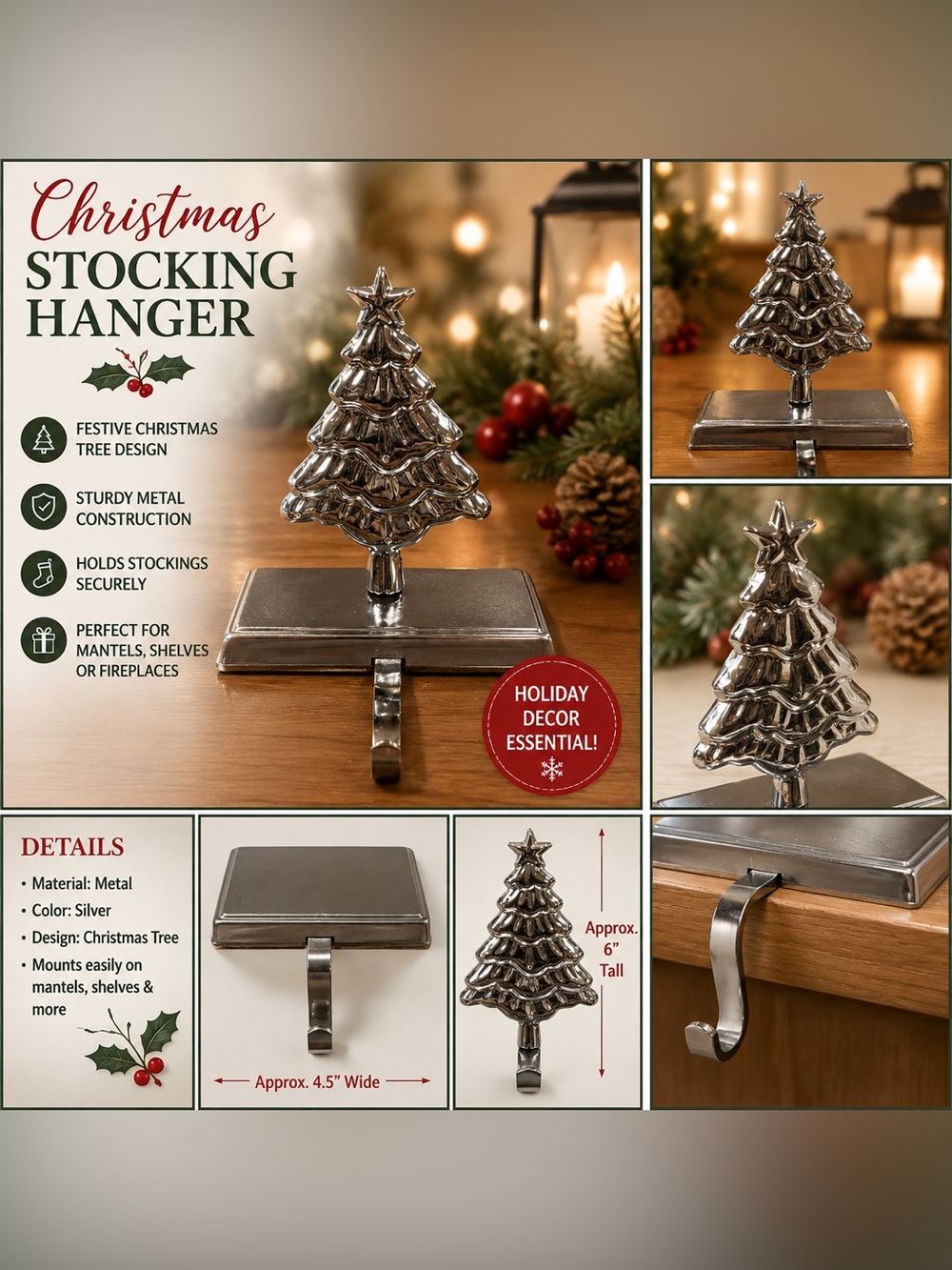 🎄 Set of 2 Light-Up Christmas Tree Stocking Holders | LED Mantel Hooks |